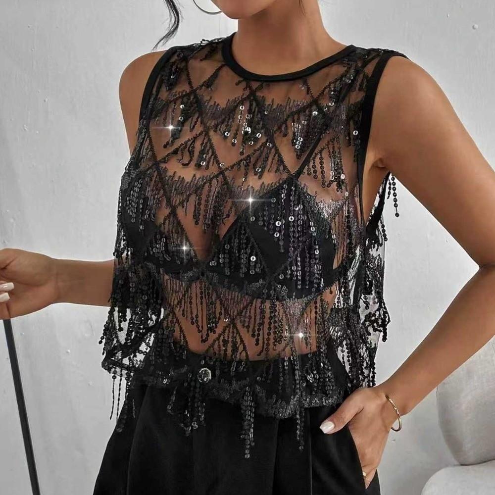 Fringe Crop Top Embroidery Sheer Camisole Chic Sequin Vest Tops  Streetwear