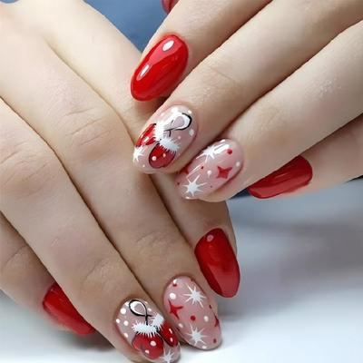 Weihnachts-Press-On-Nägel mit Handschuh-Designs Kurze Mandel-Nagelkunst Künstliche Falsche Nägel Zum Aufkleben für Damen 24 Stück