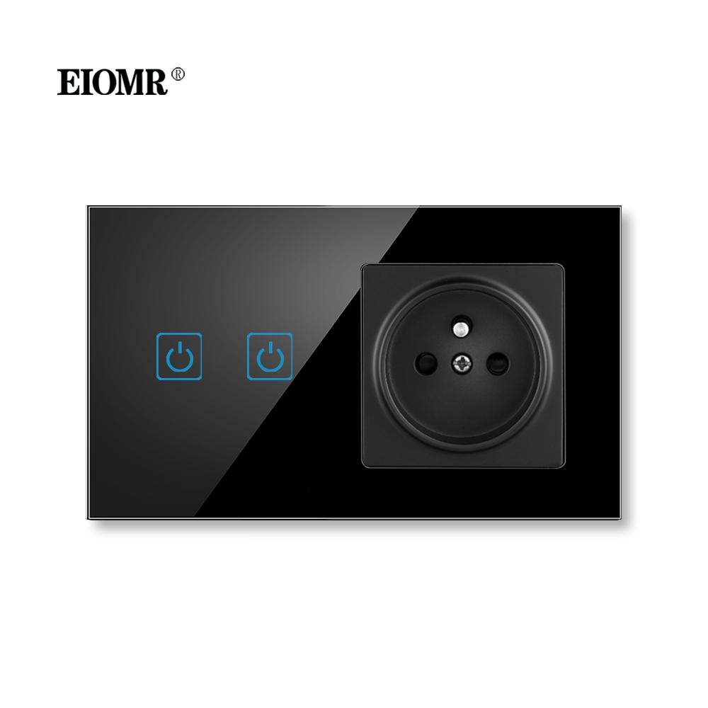 EIOMR France Touch Sensor Switch with Socket Crystal Glass Panel 110~250V 16A Wall Socket with Light Switch Home Improvement