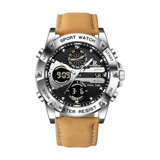 Watch for Men Analog Digital Quartz Watch 5 ATM Water Resistant Luminous Genuine Leather Strap Multifunctional Date Stopwatch Alarm Dual Time