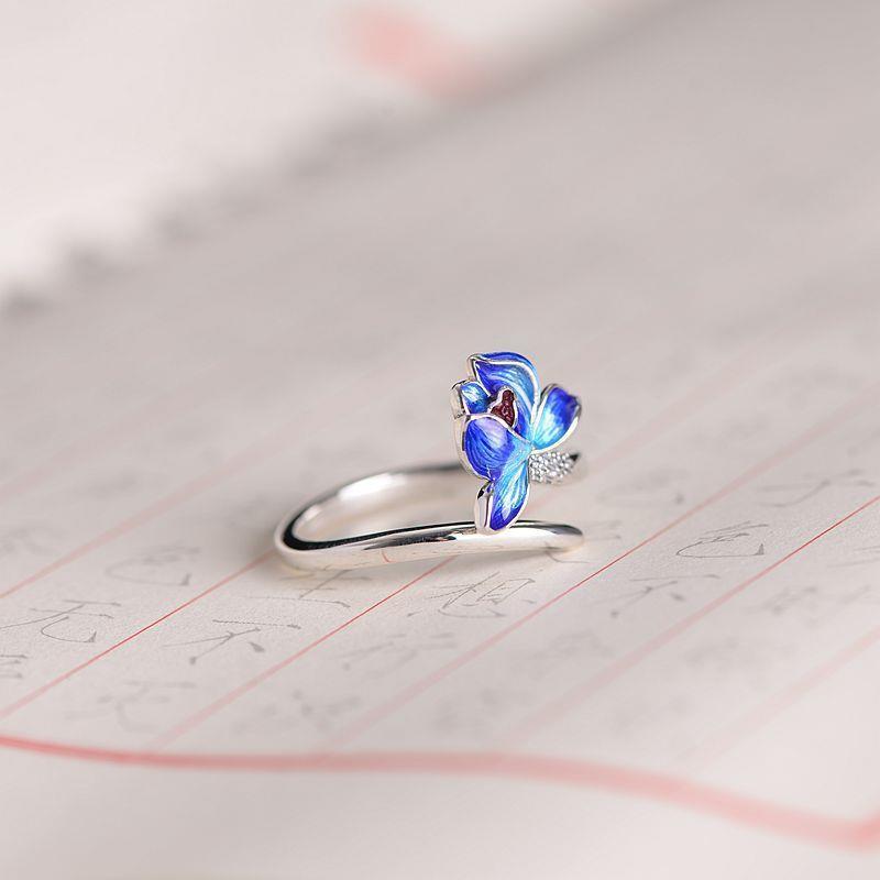 Retro Chinese Cloisonne Lotus Flower Ring For Women Punk Gothic Vintage Open Ring Handmade Designer  Unisex Accessories