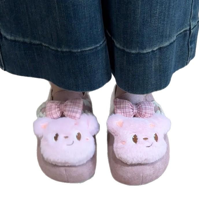 Suède Meisjes Hart Strik Beer Baotou Schoenen Dames 2025 Herfst Schattig Cartoon Mori Retro Veelzijdige Pantoffels