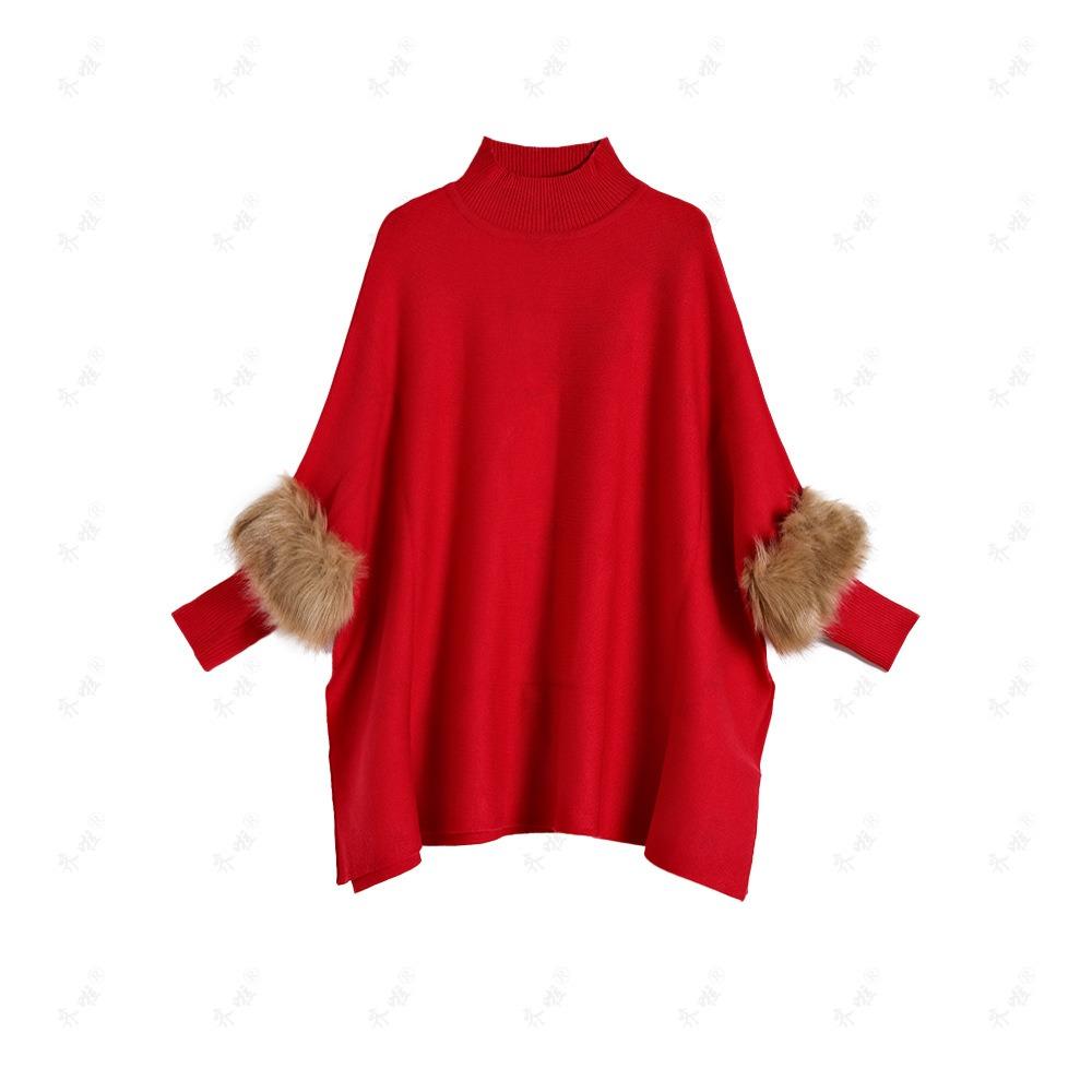 Autumn and Winter Loose Turtleneck Pullover Cape Knitted Sweater Simulation Fur Fur Sleeve Sweater Large Size Bottoming Shirt Jacket Women