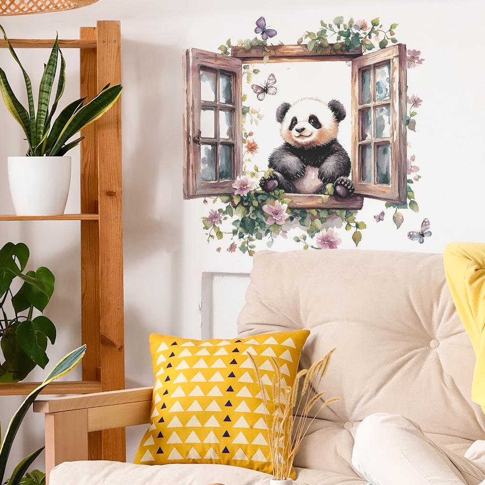Kreatives falsches Fenster Panda Schmetterling Schlafzimmer Wohnzimmer Zuhause Hintergrund Verschönerung und Dekoration Wandaufkleber