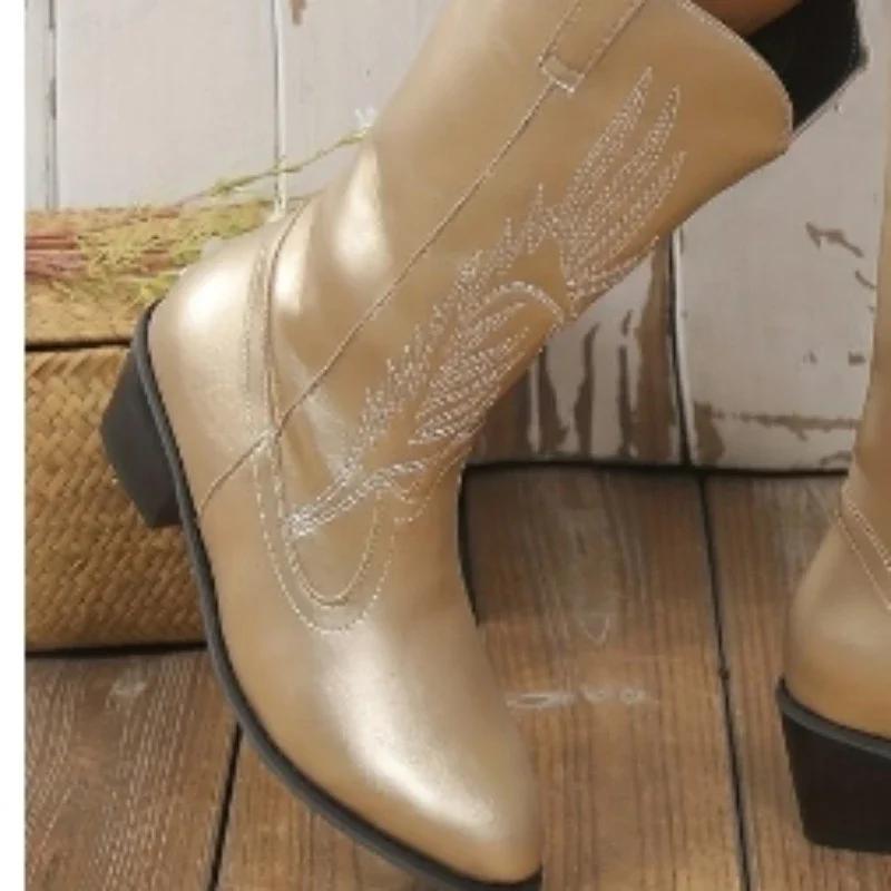 Women's Boots 2025 High Quality Slip On Ladies Shoes On Sale Winter Pointed Toe Solid Mid-Calf Chunky Heels Zapatillas De Mujer