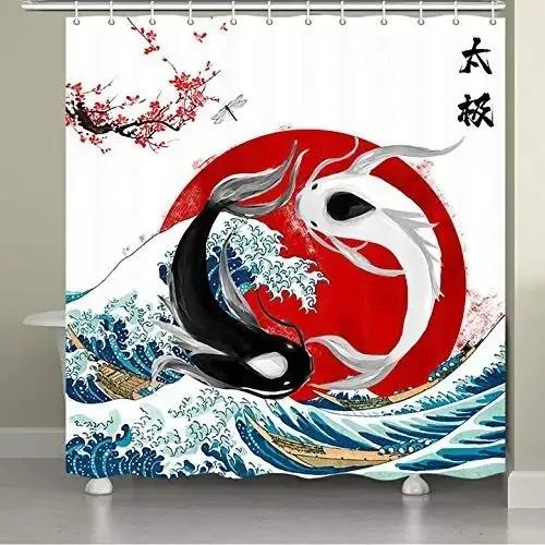 Japanese Style Shower Curtain Koi Fish Cherry Blossom Sun Sea Wave Octopus Landscape Polyester Fabric Curtains Bathroom Decor