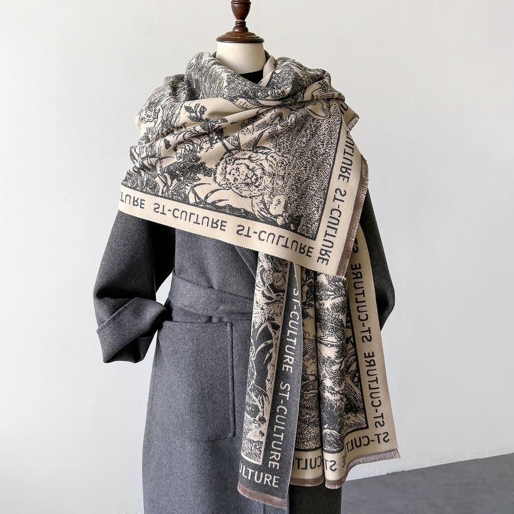 Autumn Winter Women Imitation Cashmere Scarf Korean Vintage Printed Letters Luxury Warm Thickened Neck Scarves Bandana Pashmina