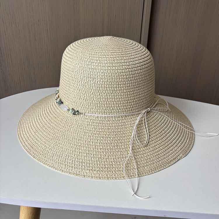 Summer Dome Big Brim Straw Hat Women's Pearl Braided Lace-Up Sunshade Sunscreen Hat Straw Vacation Big Brim Sun Hat
