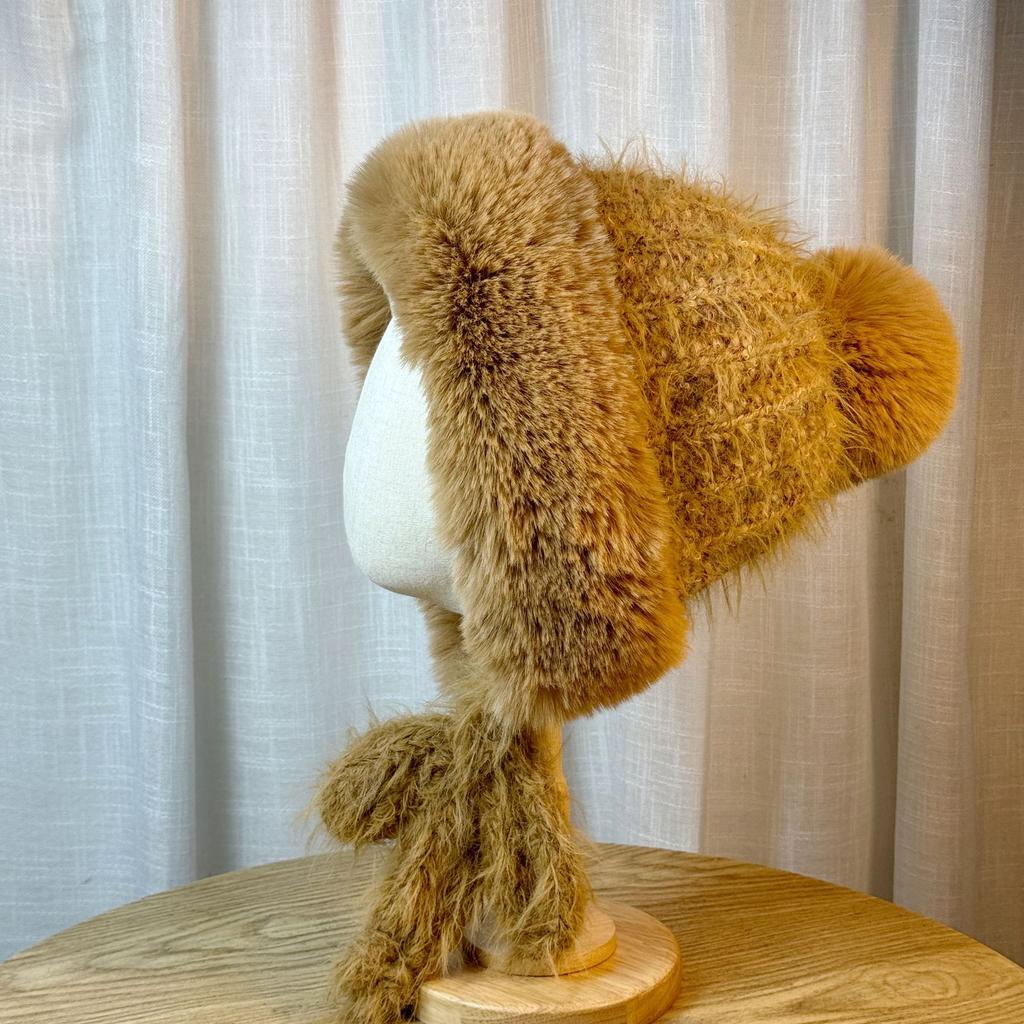 Winter Plush Brown Knitted Lei Feng Hat for Women Double Sided Velvet Warm Ear Protection Hat Versatile and Sweet Pullover