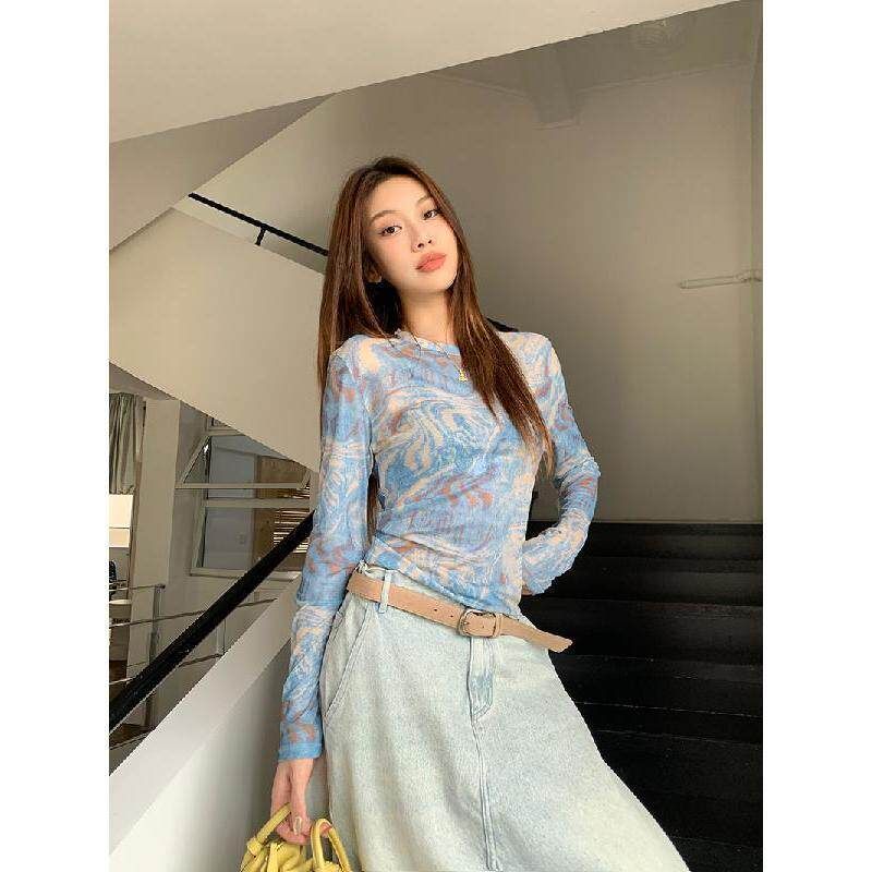 

Vintage Tie-Dye Printed Thin Mesh Long-Sleeve T-Shirt for Women, New Summer Design with Unique and Chic Style Blue S