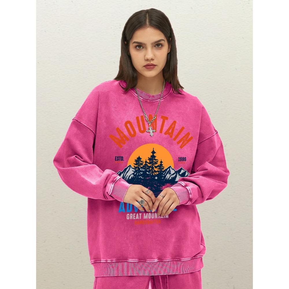 Mountain Adventure Great Handcrafted Design Womens Washed Sweatshirts Loose Cotton Sportswear Autumn Crewneck Clothing