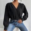Women's Fashion Casual Solid Color Print Spring Autumn Long Sleeve V-Neck Pullovers & Long Sleeves
