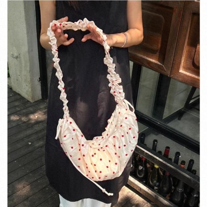 Pleated Lace Polka Dot Dumpling Bag, Drawstring Zipper Crossbody Bag, Commuter Tote Bag Casually