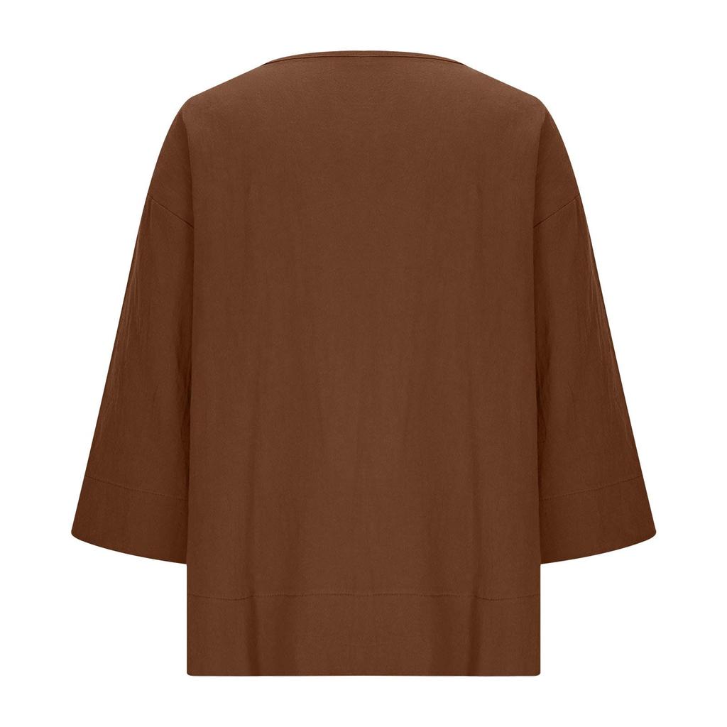 Ladies' Casual Fashion Solid Color V-neck Loose Slit Casual Solid Color Cotton And Linen Top