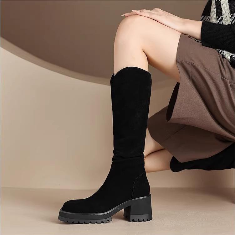 2025 autumn and winter new platform boots women's pleated piled boots retro thick high heels but knee knight boots