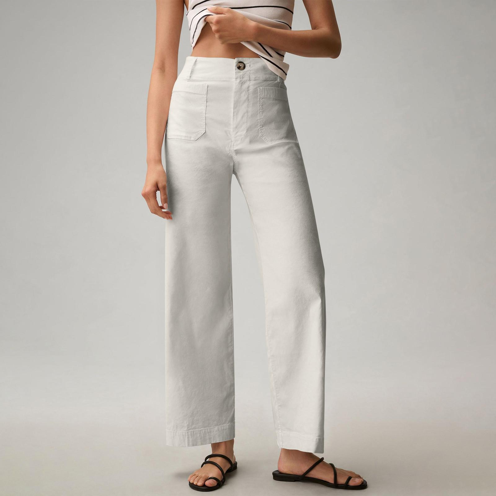 

Women s Color Casual Wide Leg Straight Nine-point Pants With Pockets L білий