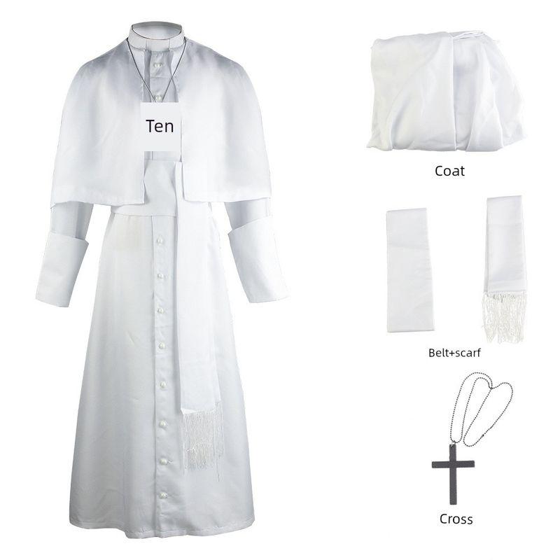 In-Stock Medieval Solid Color Priest Cosplay Costume Halloween Priest Cosplay Role-Playing Outfit White Priest Uniform (Cross Included) XL