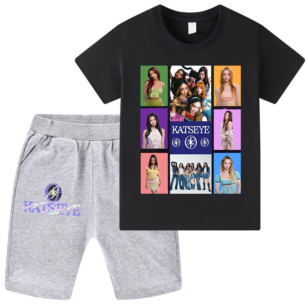 WA1316 Children Girls KATSEYE Print Short Sleeves T-shirt Shorts Clothes Sets