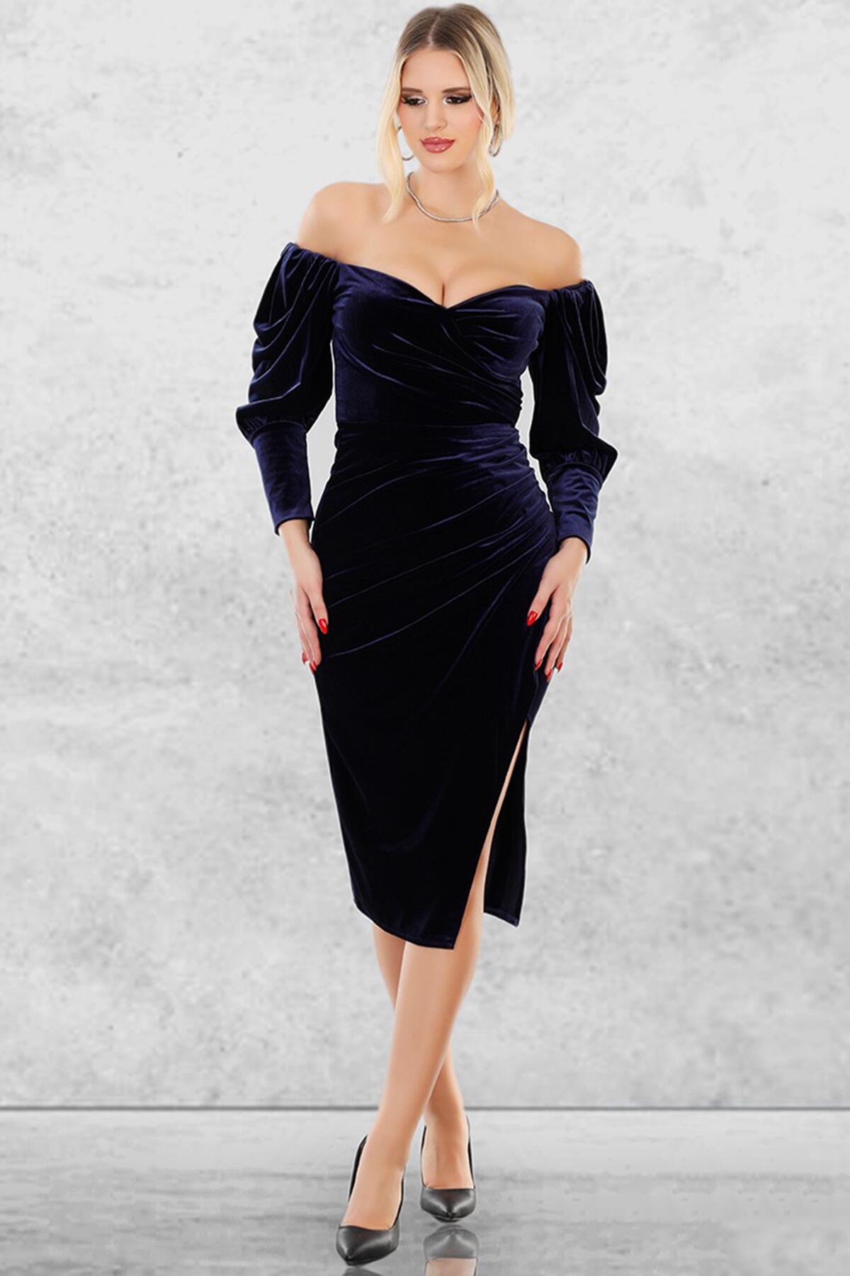 

Женское плиссированное бархатное платье с длинными рукавами и манжетами 36 темно-синий