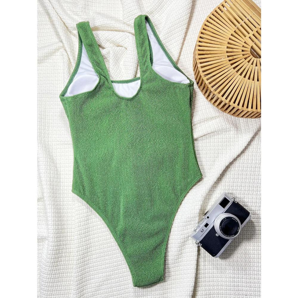 2026 Nuovo Costume da Bagno Intero a Coste Monocolore Push Up Costumi da Bagno Femminili Scollo a U Verde Costume da Bagno Monokini