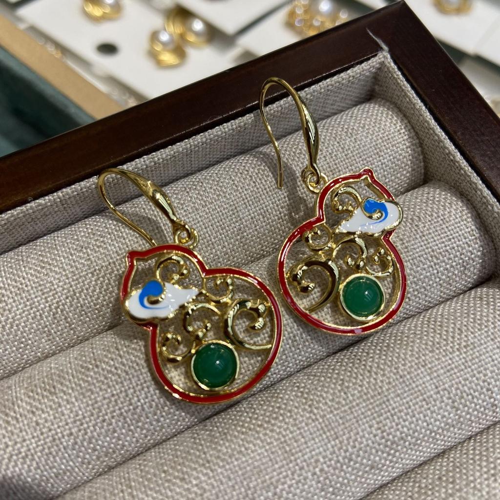 New Chinese Style Ancient Style Drip Oil Enamel Gourd Earrings Hanfu Cheongsam Earrings, National Style Advanced Sense Retro Hanfu Earrings