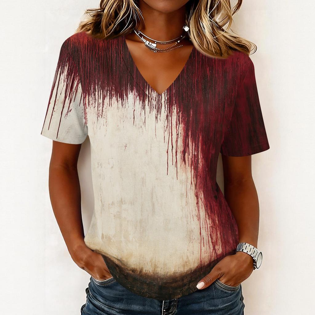 Women's Casual Short Sleeve V Neck Pullover Top Halloween Print Lightweight Loose Fit Tee Shirt