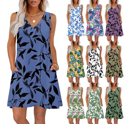 Damen Sommerkleider Locker Geschnitten Bedruckt V-Ausschnitt Ärmellos Sommerkleider Strand Hawaiianisches Kleid Mit Taschen
