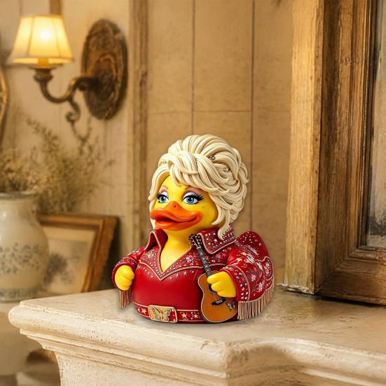 Artistic Resin Animal Statue Parton Memorial Duck, Dolly Duck Figurine, Country Music Statue, Guitar-Themed Small Desktop Display Piece Decorative