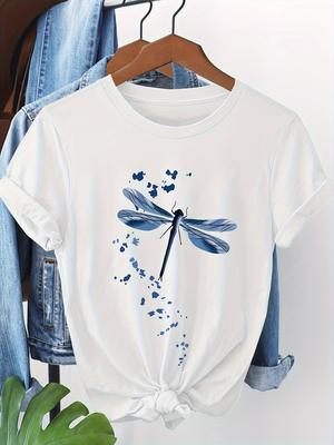Damen Freizeit Kurzarm T-Shirt Blau Libelle Floral Print Rundhals Vatertag Muttertag T-Shirt Nicht transparent