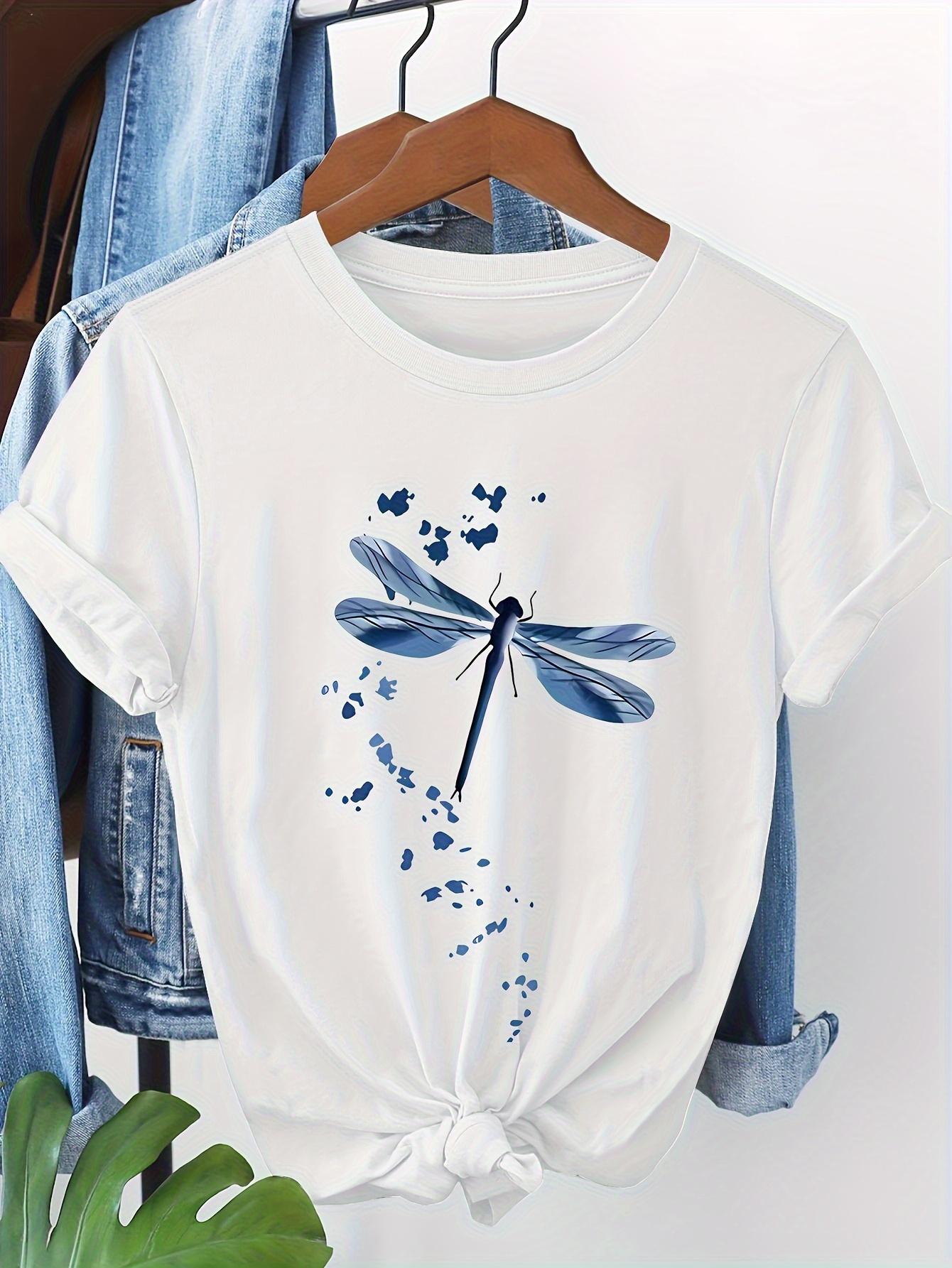 

Women S Casual Short-sleeved T-shirt Blue Dragonfly Floral Prin Round Neck Father S Day Mother S Day T-shirt Non-transparent S