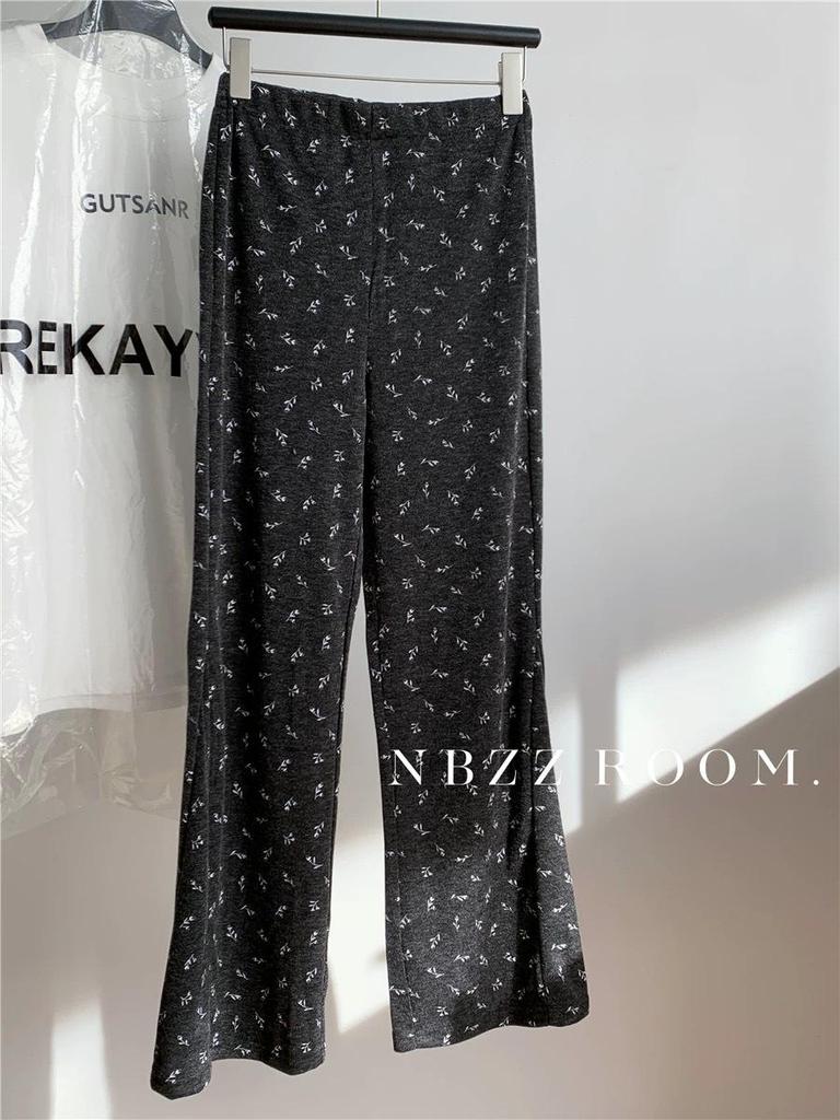 Gray Floral Micro-Flare Women's Pants, Size 26, Thin Style, Elastic High Waist, Korean Age-Reducing, Casual Slim Fit, Spring/Autumn.