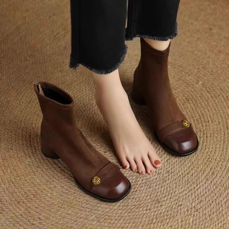 Camellia Suede Paneled High Heel Women Fall Winter 2025 New Block Heel Ankle Boots Vintage Booties