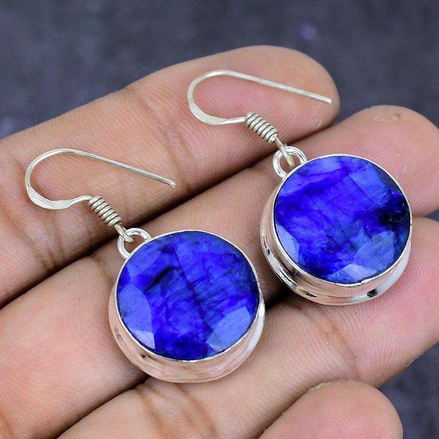 Birmański szafir(Symulowane) Biżuteria ze srebra próby 925 z kamieniem szlachetnym Kolczyk 1,50" ETC-13821