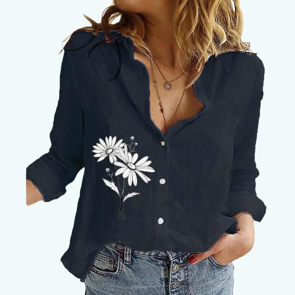 Camiseta de Manga Larga con Estampado Floral para Mujer Moda Verano y Otoño Casual Algodón Lino Top Blusas Sueltas con Botones para Mujer
