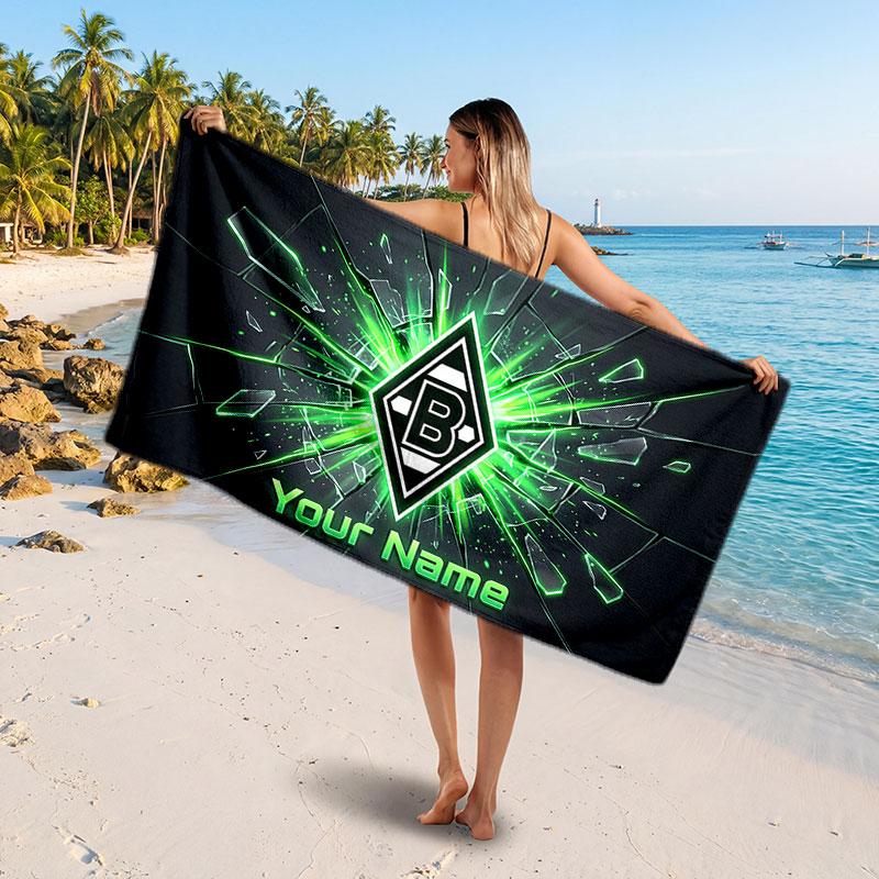 Borussia Mönchengladbach Benutzerdefiniertes Strandtuch, Personalisierter Name Textdruck, Fußballlogo Weiches Schnelltrocknendes Handtuch Urlaubsgeschenk