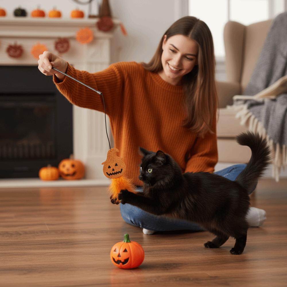 3Pcs Funny Halloween Cat Toys Halloween Style Interactive Play Halloween Cat Wand Toy Plastic Rod Durable Cat Toy Pole