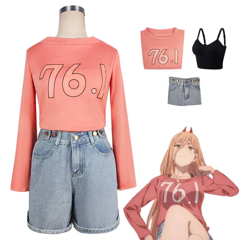 

Футболка с бензопилой Power Man Джинсы Косплей Украшение для волос Набор зубов Рождественское платье 3pcs,L