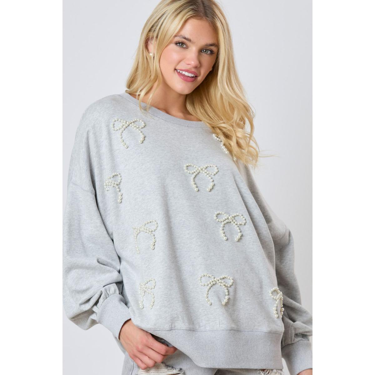 

Осенне-зимняя новая женская одежда, декоративный топ с длинным рукавом и жемчужным бантом, повседневный свитер XXL серый