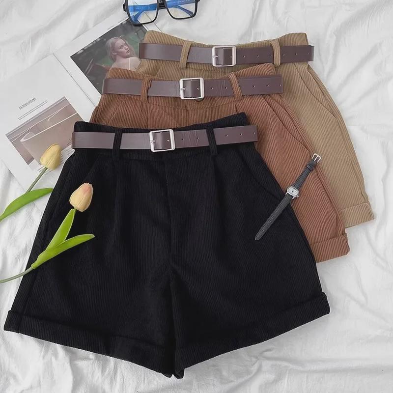 Dámské retro manšestrové šortky s širokým pasem – podzimní/zimní móda