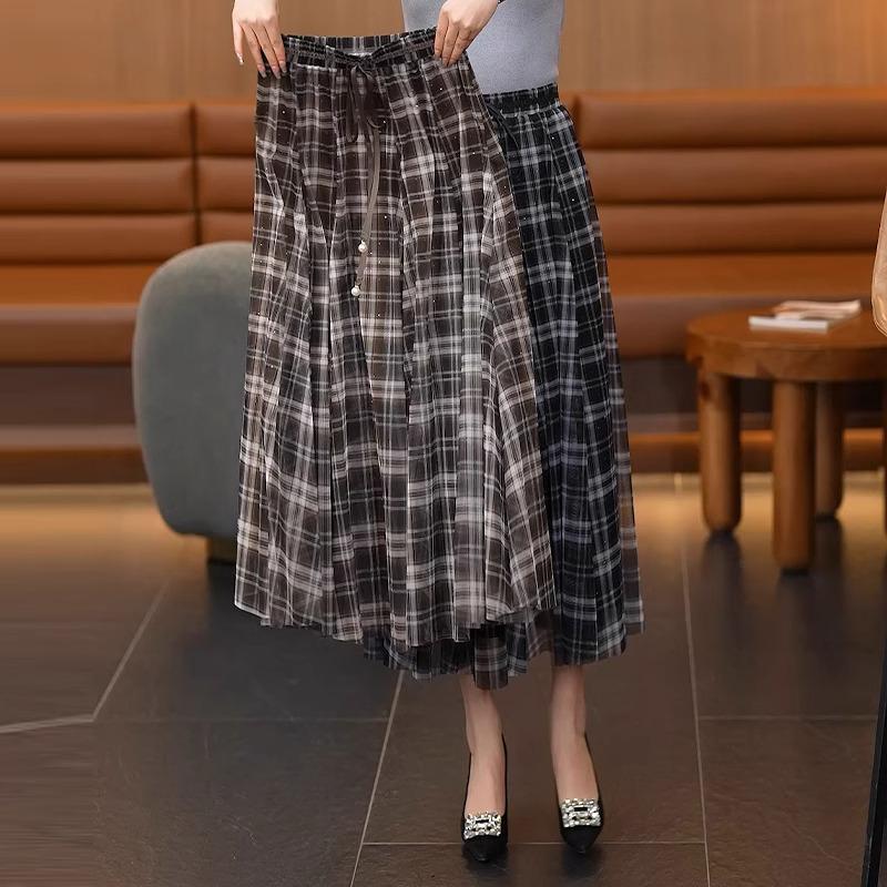 Women's High Waist Retro Plaid Mesh Midi Skirt - Spring/Summer 2025 Collection