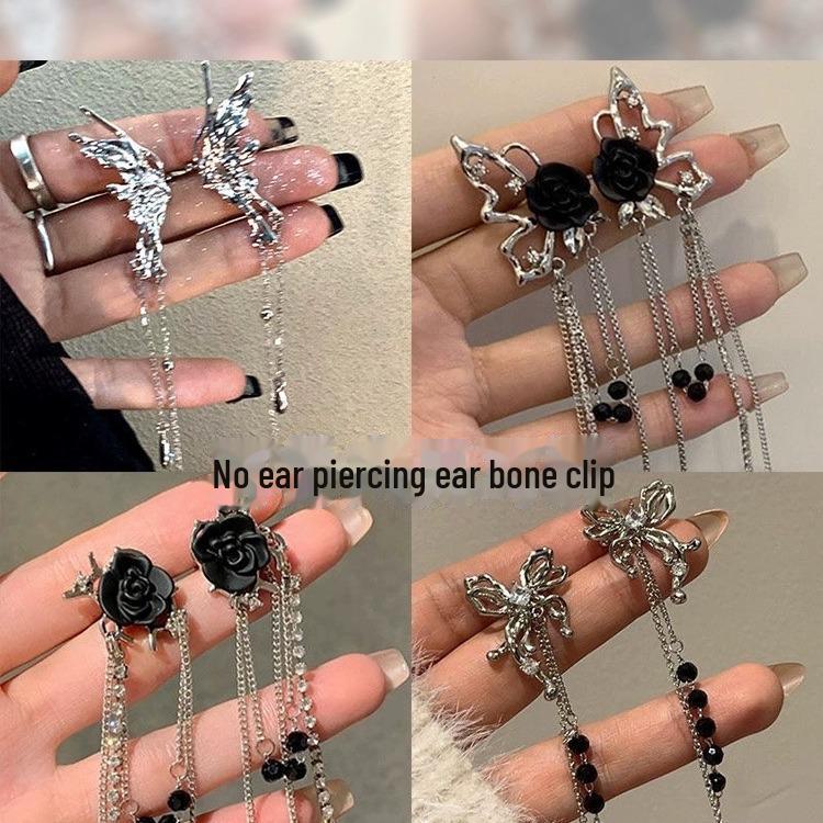Silver Needle Star & Moon Tassel Ear Clips: Shiny Zircon, Sweet & Cool Style, Non-Pierced