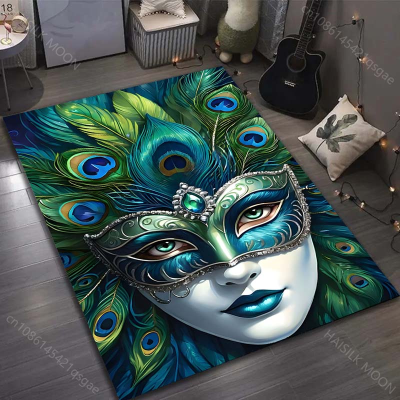 Venetian Peacock Feather Mask Print Carpet Modern Home Decor Area Rug for Bedroom Living Room Sofa Floor Mat Gifts
