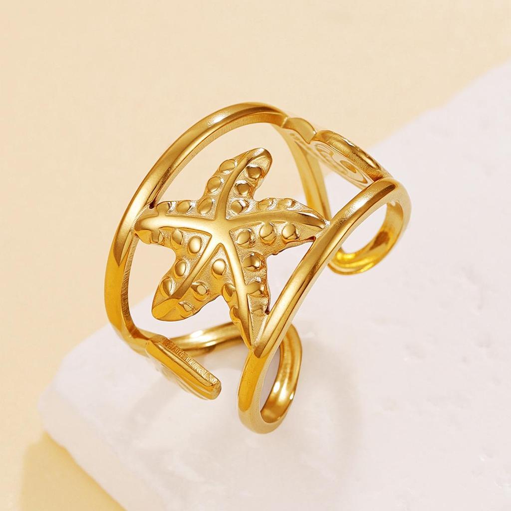 Fresh Ocean Resort Starfish & Shell Open Ring - Stainless Steel Jewelry for Women
