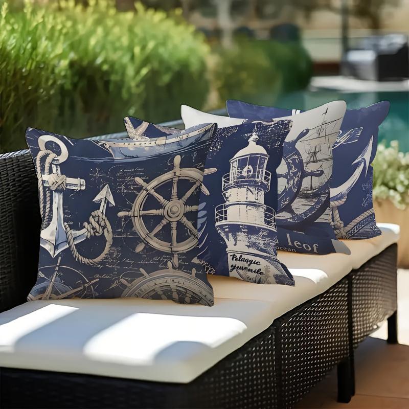 4Pcs Ocean-Themed Nautical Element Pillow Covers / Cushion Covers, Includes Anchor And Lighthouse Designs, Three Sizes Available