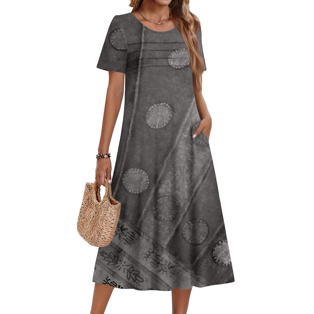 Damenkleid mit Blumenmuster, lässig und modisch, kurzärmelig, Rundhalsausschnitt