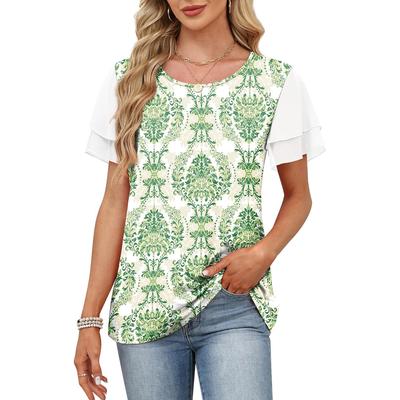 Damen Casual Lockeres T-Shirt mit Rüschenärmeln Blumenprint Rundhalsausschnitt Atmungsaktive Sommerbluse für den täglichen Gebrauch