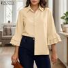 ZANZEA Women Casual Turn Down Collar Solid Color 3/4 Sleeve Loose Blouse
