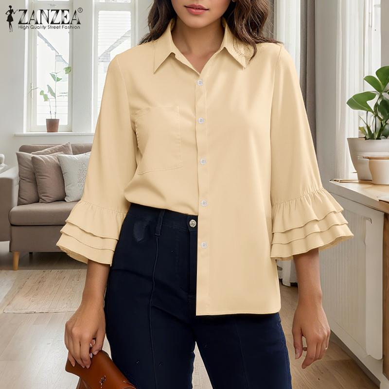 ZANZEA Women Casual Turn Down Collar Solid Color 3/4 Sleeve Loose Blouse