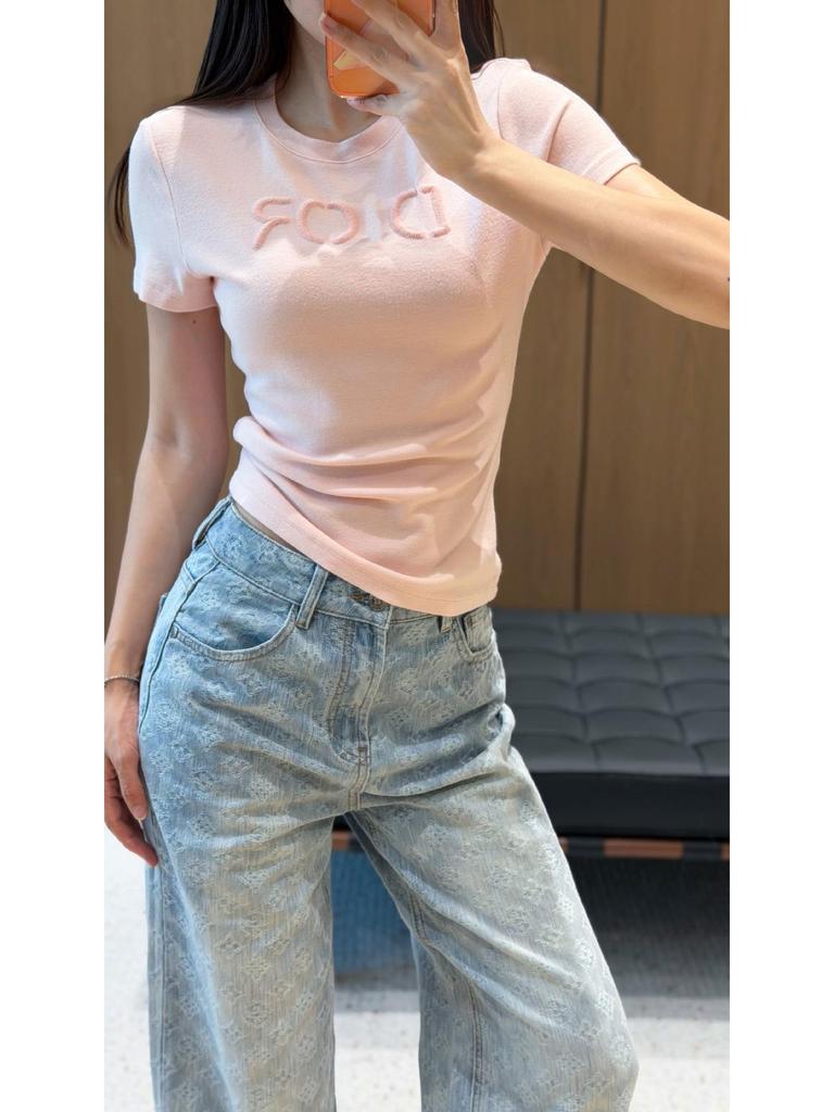 Elegant Embroidered Women's Slim Waist Short-Sleeve T-Shirt
