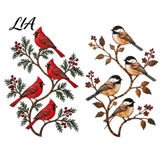 Sturdy Metal Lawn Ornaments Bird Wall Decor, Red & Chickadee Sculpture with Branches and Whimsical Garden Decorations Berries, 2D Iron Art Hanging